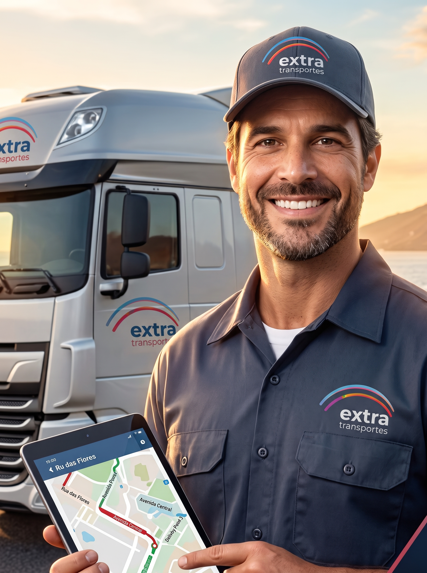 Motorista da Extra Transportes sorrindo, segurando um tablet com a rota, em frente ao caminhão