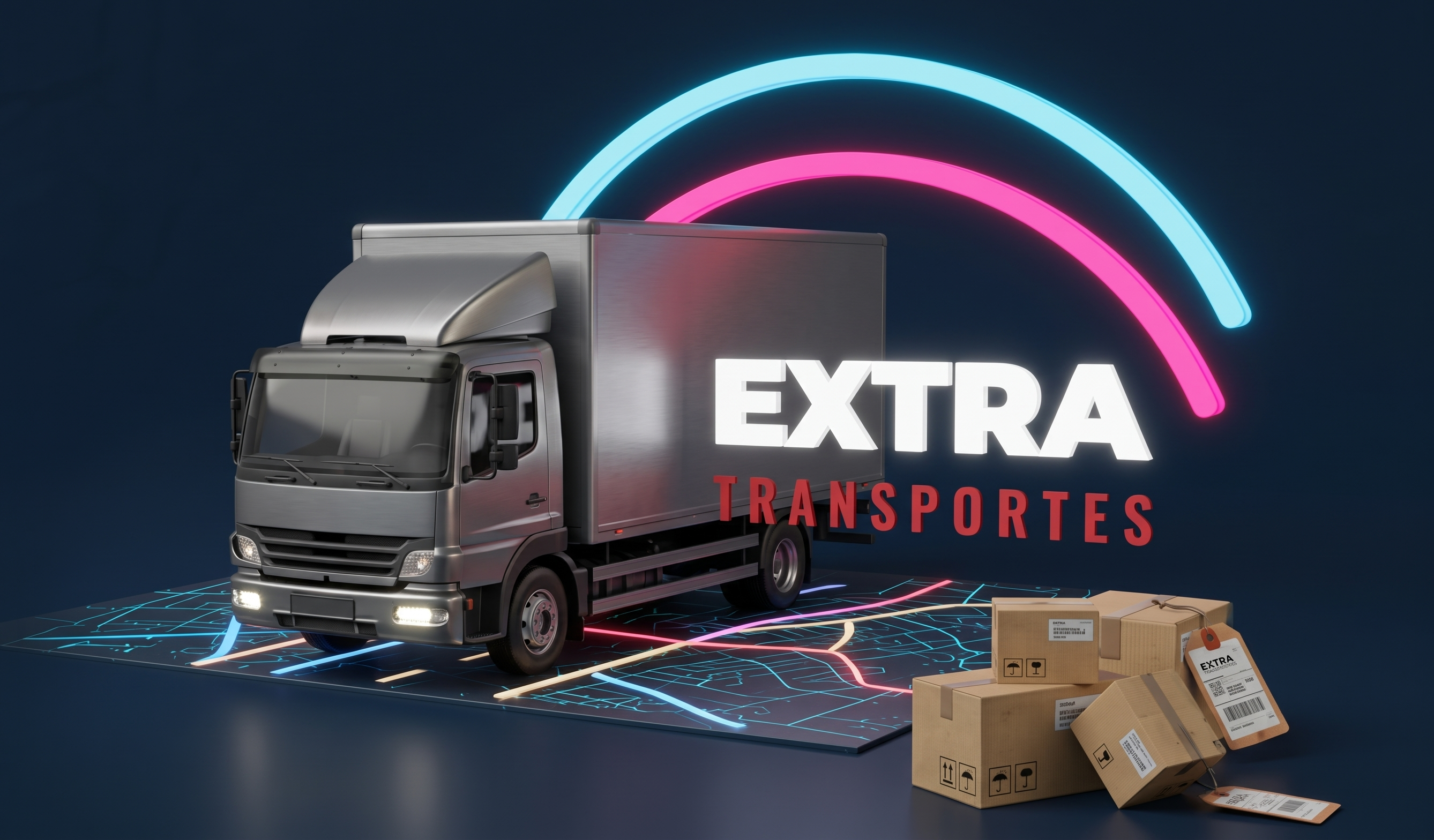 Caminhão baú da Extra Transportes sobre mapa de rotas iluminado, com o logo em arco e caixas de carga